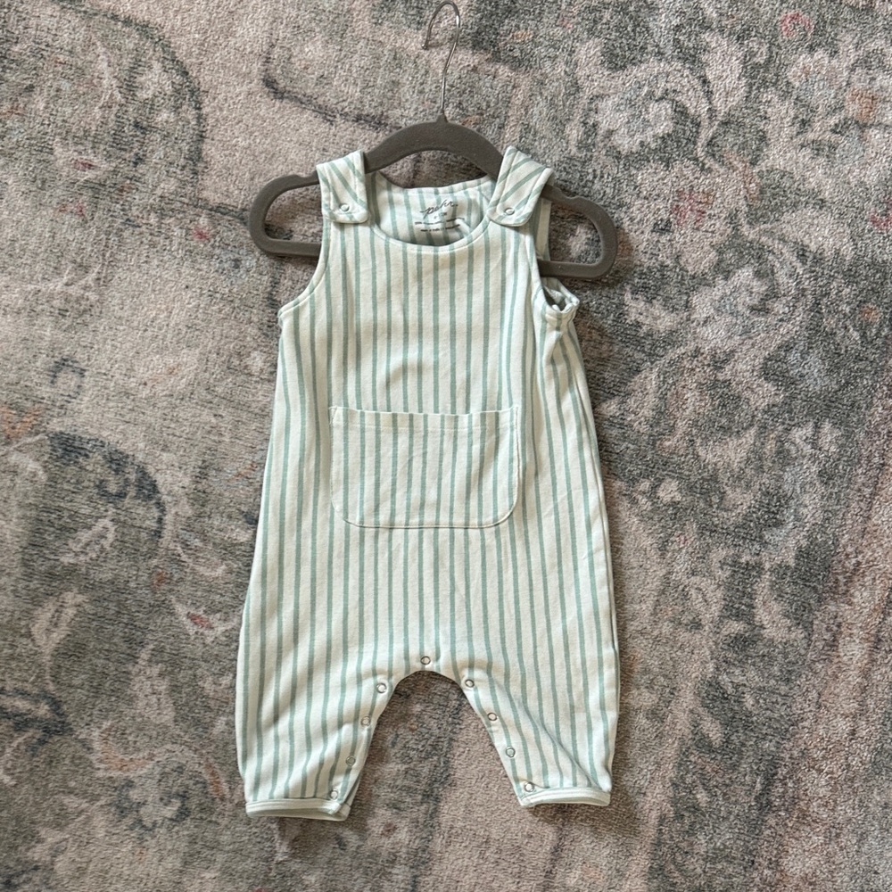 Mint Stripe Cotton Overalls with Front Pocket